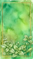 Watercolor green background with botanical herbs and gold frame border, suitable for greeting cards, invitations, and spring designs.