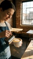 Barista pouring steamed milk into espresso cup creating latte art in modern cafe with brick walls and natural sunlight for coffee shop, hospitality, and culinary content.
