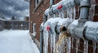 Frozen burst water pipes with icicles during winter storm causing property damage and flooding emergency repair needed.