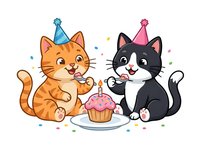 Cute kittens wearing party hats celebrating with birthday cupcake and confetti on white background, isolated clipart for children's designs.