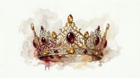 Ornate golden crown with ruby gemstones and intricate filigree design on watercolor background, royal headpiece for luxury branding and regal themes.