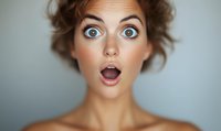 Young woman with surprised facial expression, wide open blue eyes and mouth, messy brown hair updo against blurred light background. Emotional portrait.