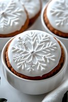 Festive gingerbread cookies decorated with white royal icing snowflake pattern and silver sugar pearls served in ceramic bowls on white background.