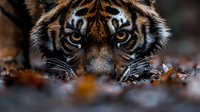 Majestic tiger face emerging from autumn leaves with intense golden eyes and distinctive orange black stripes in natural forest habitat.