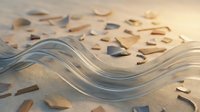 Abstract flowing glass wave on sandy beach with scattered shells and pebbles creating elegant minimalist composition for modern design projects.