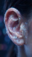 Futuristic human ear with glowing digital circuit patterns and holographic technology overlay for medical innovation and biometric identification concepts.