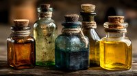 Collection of vintage glass bottles with cork stoppers containing colorful liquids and powders for apothecary, alchemy or herbal medicine concepts.