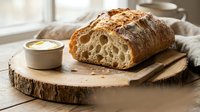 Freshly baked artisan sourdough loaf with crispy crust displayed on wooden slice beside butter, ideal for bakery, food, and culinary content.