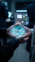 Hands holding glowing holographic circuit board with digital technology interface in industrial setting, representing innovation and data processing.