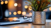 Small plant in decorative silver pot on office desk with blurred bokeh lights and laptop keyboard in background, creating cozy workspace atmosphere.