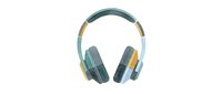 Wireless headphones with teal and gold accents, featuring padded ear cups and adjustable headband for comfortable listening and audio entertainment.