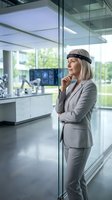 Middle-aged woman wearing gray business suit and AR headset in modern laboratory or tech facility with glass partitions and digital displays, contemplating innovation.