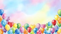 Colorful balloons floating against soft pastel watercolor sky with pink, blue, yellow and purple tones, perfect for celebrations, party invitations and greeting cards.