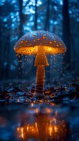 Glowing mushroom with water drops in dark mystical forest at night, illuminated from within creating magical reflection in puddle during rain.