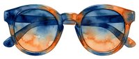 Watercolor sunglasses with blue and orange gradient lenses, featuring a round frame design. Suitable for fashion, eyewear, and artistic projects.