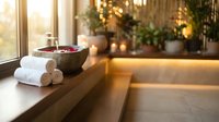 Luxury spa bathroom interior with wooden bathtub, rolled towels, candles and warm ambient lighting creating relaxing wellness atmosphere for self-care.
