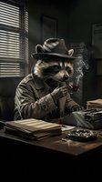 Anthropomorphic raccoon detective wearing fedora and trench coat, smoking pipe at desk in noir-style office with venetian blinds, surrounded by files and vintage equipment. Perfect for creative projects.