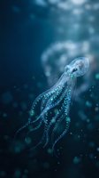 Translucent octopus with glowing tentacles floating in deep blue ocean water with sparkling light effects and mysterious underwater atmosphere.