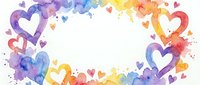 Watercolor rainbow hearts frame with colorful splashes and paint drops creating romantic border for Valentine's Day cards, wedding invitations and love designs.