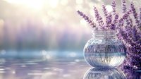 Fresh lavender stems in round glass vase with water reflections against soft bokeh background, creating serene purple and pastel atmosphere for spa and wellness designs.