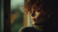 Young African American woman with curly hair gazing thoughtfully through rain-covered window in warm golden light creating contemplative mood for lifestyle content.