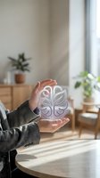 Hands protecting glowing brain with leaf pattern symbolizing mental health, mindfulness and cognitive wellness in modern home interior.