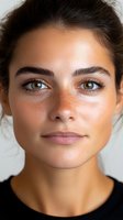 Close up portrait of young Mediterranean woman with natural freckles, hazel eyes, and minimal makeup showing genuine smile against white background.