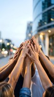 Group of diverse people stacking hands together in urban setting at dusk, symbolizing teamwork, unity, and collaboration for corporate or community projects.