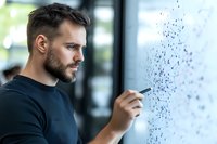 Caucasian male professional with beard analyzing data points on transparent board, wearing black sweater in modern office setting, focused on strategic planning.
