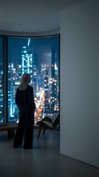 Businesswoman in black suit standing by floor-to-ceiling windows overlooking illuminated city skyline at night from luxury apartment interior.
