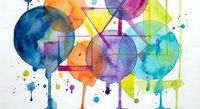 Colorful watercolor speech bubbles with geometric shapes and paint splatters on white background for communication and social media design projects.