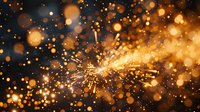Bright golden sparkler with glowing bokeh lights and sparks against dark background creates magical festive atmosphere for celebration designs.