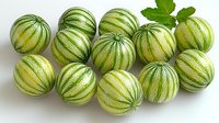 Fresh striped green gooseberries arranged in rows on white background, showing natural pattern and texture of ripe summer berries for healthy eating concept.