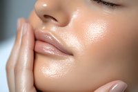Close up of Asian woman's face with glowing dewy skin, plump glossy lips and natural makeup touching her cheek with manicured hands showing skincare and beauty concept.