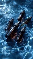 Amber glass dropper bottles floating on rippling blue water surface, creating serene reflections for wellness and aromatherapy products.