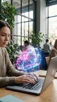 Young woman using laptop with holographic cloud computing interface in modern office workspace for digital technology and data storage concepts.