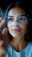 Young woman with long dark hair and medium skin tone, eyes closed, glowing blue particles covering face and eyes, digital light effects, technology and innovation concept for business, science, and digital transformation projects.