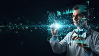 Male doctor using futuristic holographic interface with medical data visualization and digital technology for healthcare innovation and telemedicine.
