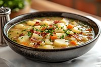Hearty potato soup with bacon bits, diced carrots and fresh herbs served in rustic ceramic bowl. Rich broth garnished with chopped parsley creates warming comfort food.
