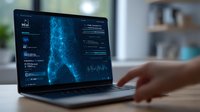 Digital medical scan showing glowing blue human body visualization on laptop screen, with hands typing on keyboard in modern office setting.