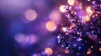 Delicate purple lavender flowers against blurred bokeh background with magical glowing lights and sparkles creating dreamy romantic atmosphere.