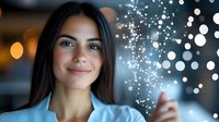 Young woman in light blue blouse smiling while holding glowing smartphone with magical sparkle effect emerging from screen, creating dreamy bokeh atmosphere in dark setting.