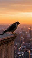 Peregrine falcon perched on urban ledge overlooking cityscape at sunset, wildlife in metropolitan environment for nature and urban exploration themes.
