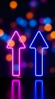 Neon arrows pointing upward in pink and blue colors with bokeh lights background for business growth and success concepts.