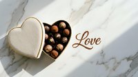 Heart-shaped chocolate truffle gift box with love inscription on marble surface, romantic Valentine's Day present concept.