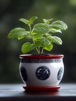 Fresh mint plant growing in decorative Asian ceramic pot with black and white pattern, backlit leaves showing detailed texture on natural blurred background.