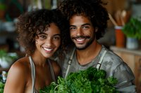 Young diverse couple with curly hair holding fresh organic greens in kitchen, healthy lifestyle and plant-based nutrition concept for wellness blogs and food marketing.