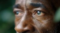 Close up portrait showing intense green eyes and dark skin texture with natural blurred background, capturing authentic human emotion and strength in dramatic lighting.