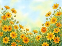 Watercolor yellow wildflowers blooming in meadow with soft blue sky background creating natural floral border frame for spring summer designs.