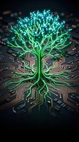 Digital tree with glowing green circuits growing from computer motherboard representing technology growth, artificial intelligence, and sustainable innovation.